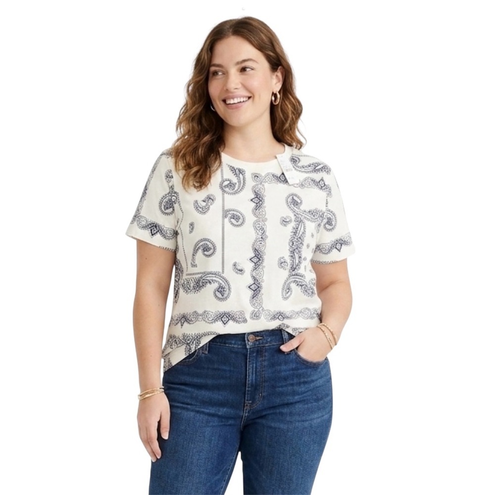 NWT J.Crew Bandana Print Short Sleeve T-Shirt Sz L Ivory Navy Paisley Folkloric